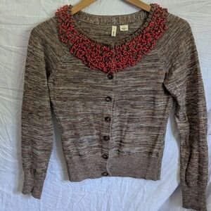 Moth Anthropologie Beaded Collar Cardigan Brown Space Dye Linen Blend Womens S